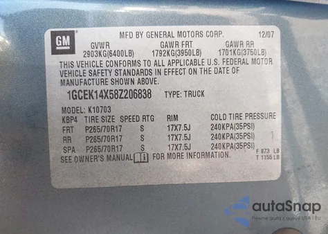 2008 Chevrolet Silverado 1500 Work Truck from USA, damaged, VIN 1GCEK14X58Z206838